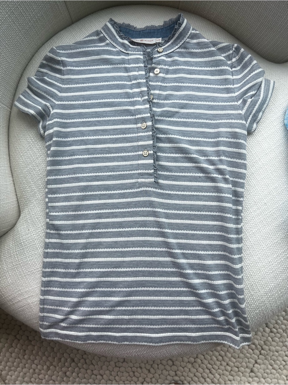 Tory Burch Striped Short Sleeve Henley Grayish blue and white. Gently used XS